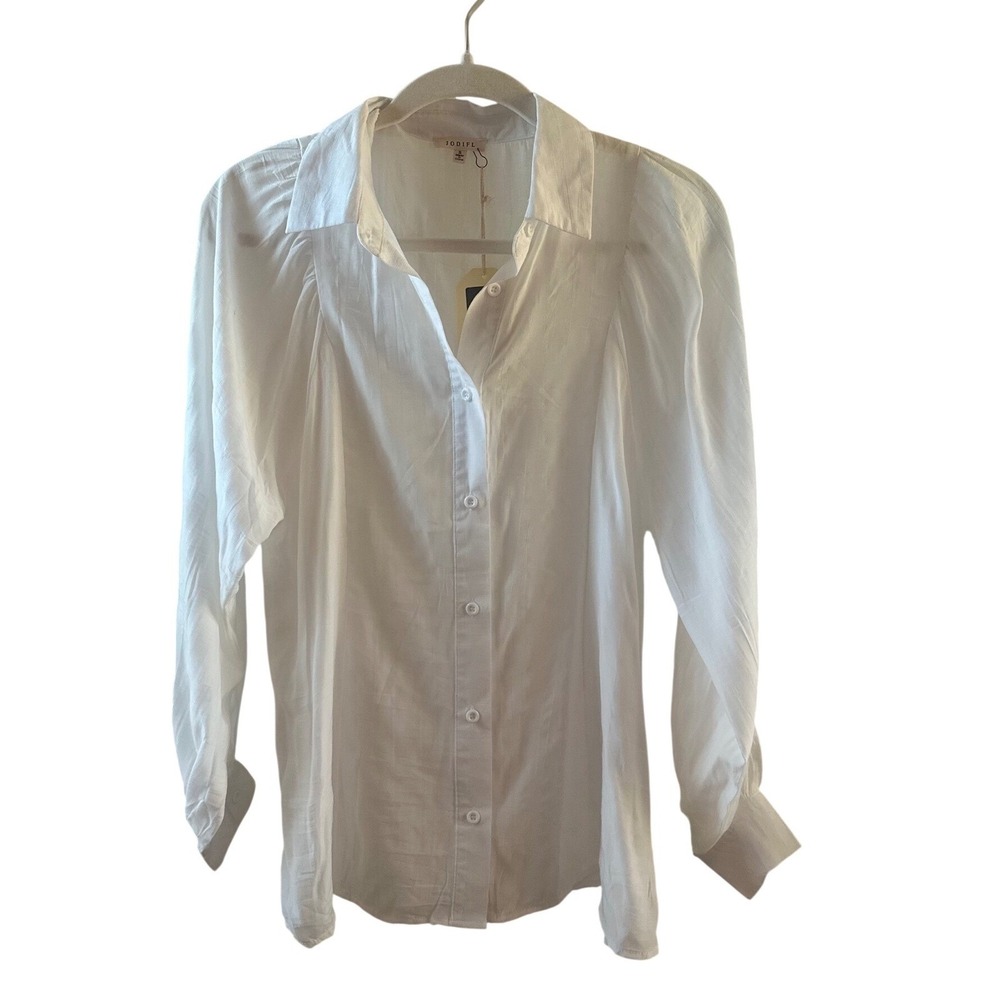 Jodifl White Shirred Shoulder Button Down Blouse Long Sleeve Office NWT